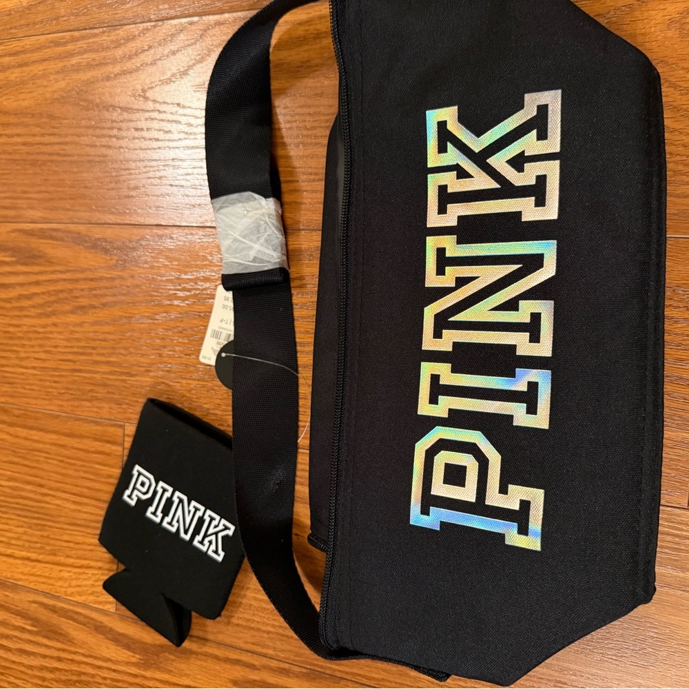 Victoria's Secret Black cooler Bag with Pink Logo and can cozy